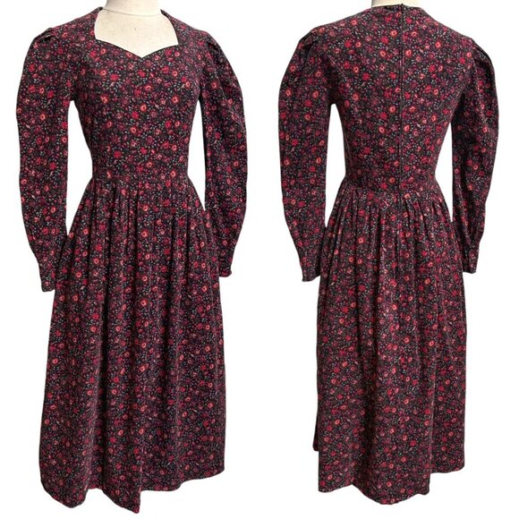 80s Vintage Laura Ashley Corduroy Dress Floral Cottage Preppy Puff Sleeve. - Picture 4 of 13